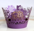 Lace hollow cupcake wrapper with purple laser-cut rose petals for dessert table decoration - Dark Purple