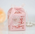 Detailed laser-cut rose hollow candy box with pink ribbon for weddings and parties - Pink