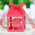 Close-up of red laser-cut candy box with elephant pattern and matching silk ribbon - Pearlescent Red