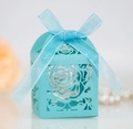 Detail of laser-cut rose hollow gift box in sky blue cardstock with sheer ribbon bow - Tiffany Blue