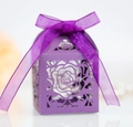 Elegant purple hollow laser-cut wedding candy box with rose pattern and ribbon bow - Dark Purple