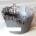 Laser-cut charcoal grey cupcake wrapper featuring ornate religious cross patterns - Silver Charcoal