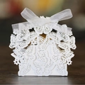 Elegant white laser-cut butterfly candy box with a decorative translucent silk ribbon - White