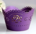 Macro detail of purple laser-cut rose hollow cupcake wrapper with wavy lace edge - 5cm / Dark Purple