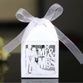 White laser-cut Mr & Mrs wedding candy box with a delicate white organza ribbon bow - White
