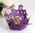 Detail of purple laser-cut Halloween cupcake wrapper with witch and bat motifs - 5cm / Dark Purple