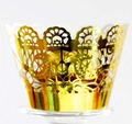 Elegant gold laser-cut lace cupcake wrappers with intricate floral patterns for weddings - Reflective Gold