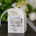 Elegant laser cut white rose gift box with silk ribbon and thank you tag for weddings - White (With Tag)