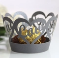 Detail showing laser-cut 'Love' and heart pattern on deep purple cupcake wrapper - Silver Charcoal