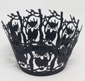 Laser cut owl and branch Halloween cupcake wrappers in black paper for party decor - Black Khaki