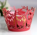 Laser-cut red cupcake wrapper with owl and tree branch pattern for Halloween decor - Pearlescent Red