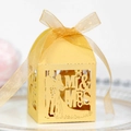 Golden laser-cut wedding favor box featuring Mr & Mrs silhouette and matching ribbon - Gold