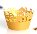 Goldene Laser-Cut-Cupcake-Förmchen mit Bären- und Kinderwagenmuster für Babypartys - Gold
