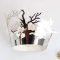 Detailed laser-cut silver mirror paper cupcake wrapper with Halloween witch and pumpkin motifs - 5cm / Reflective Silver