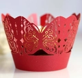 Macro detail of laser-cut butterfly cupcake wrapper with red pearlescent card and gold foil - 5cm / Pearlescent Red