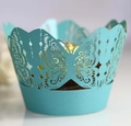 Detailed macro view of laser-cut butterfly cupcake wrapper in blue and gold pearlescent paper - 5cm / Tiffany Blue