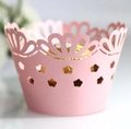 Pink laser-cut crown cake wrapper with hollow flower patterns for wedding decoration - Pink
