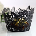 Elegant black laser-cut butterfly cupcake wrapper with intricate floral hollow design - 5cm / Black Khaki