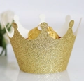 Close-up of a glittering gold crown cupcake wrapper holding a chocolate truffle for parties - 5cm / Glitter Golden Yellow