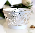 Detailed laser-cut heart flower pattern on white wedding cupcake wrappers - White