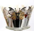 Macro detail of laser-cut silver butterfly cupcake wrapper with intricate hollow patterns - 5cm / Reflective Silver