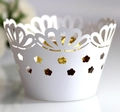 Elegant white laser-cut cupcake wrappers with crown lace hollow design for weddings - White
