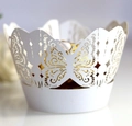 White laser-cut butterfly cupcake wrapper with gold foil lace and hollowed detail - 5cm / White