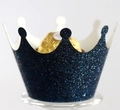 Close-up of crown cupcake wrapper in blue glitter finish with intricate cutout detail - 5cm / Glitter Dark Blue