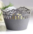 Intricate laser-cut silver cupcake wrapper with elegant crown patterns for wedding decor - Dark Gray