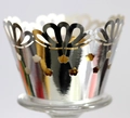 Close-up of laser-cut silver crown floral lace cupcake wrapper with intricate hollow details - Reflective Silver