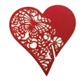 Red heart-shaped laser-cut wine glass place card with hollow butterfly and floral design - Pearlescent Red