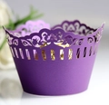 Elegant purple hollow laser-cut cupcake wrappers with floral vine patterns for weddings - Deep purple