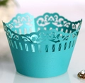 Close-up of laser-cut lace floral pattern on cyan wedding cupcake wrapper detail - 5cm / Tiffany Blue