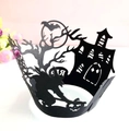 Laser-cut black Halloween cupcake wrapper featuring witch, castle and pumpkin silhouettes - Black