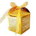 Golden laser-cut hollow gift box with a roof shape and elegant pale yellow ribbon - Reflective Gold