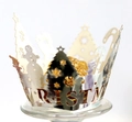 Detail of silver laser-cut cupcake wrapper with Christmas tree patterns and text - Reflective Silver