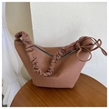 Brown casual canvas crescent shoulder bag with pleated handle and side knot detail - Brown