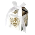 Detail of laser-cut heart shape candy box with birds motif and white ribbon bow - Reflective Silver