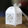 Macro shot of white laser-cut hollow candy box with elegant translucent ribbon bow - White
