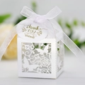 Detail of laser-cut butterfly wedding favor box with white ribbon and thank you tag - White (With Tag)