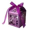 Laser-cut purple wedding favor box with Love pattern and matching organza ribbon - Deep purple