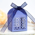 Lilac laser-cut wedding favor box with pearl finish and blue organza ribbon - Sapphire Blue