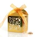 Detailed view of golden laser-cut gift box with floral pattern and elegant organza ribbon - Reflective Gold