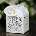 Laser-cut white wedding favor box with floral patterns and a thank you ribbon tag - White (With Tag)