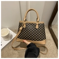 Piccola borsa quadrata vintage con monogramma marrone e finiture in pelle color kaki - Cachi