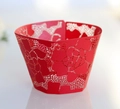 Macro detail of red laser-cut cupcake wrappers with intricate floral lace patterns - 5cm / Pearlescent Red
