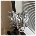 Silver metallic padded puffer tote bag with quilted texture and slim shoulder straps - Silver
