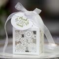 Elegant white laser-cut wedding favor box with lace pattern, ribbon, and thank you tag - White (With Tag)
