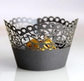 Detail view of laser-cut lace cupcake wrapper with intricate floral and heart patterns - 5*5*8CM / Silver Charcoal