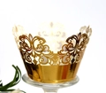 Detailed laser-cut golden crown cupcake wrapper with intricate baroque hollow patterns - Reflective Gold